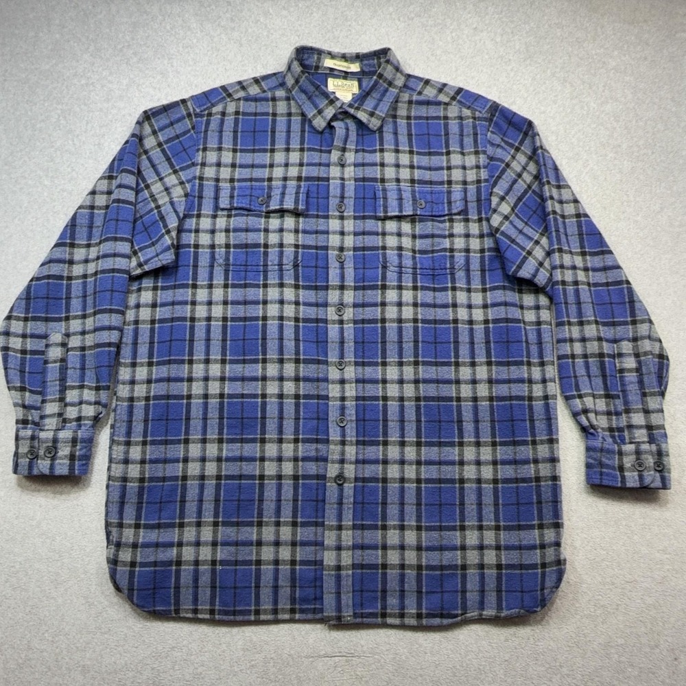 LL Bean Chamois Cloth Shirt Mens LT Blue Plaid Flannel Long Sleeve Outdoor Work